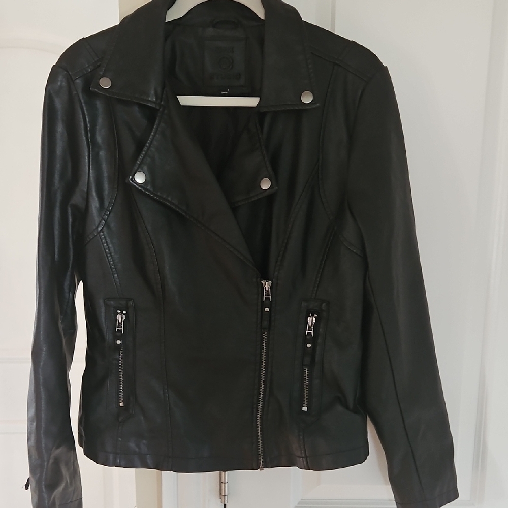 Max Studio Black Leather Moto Jacket Asymmetrical Design